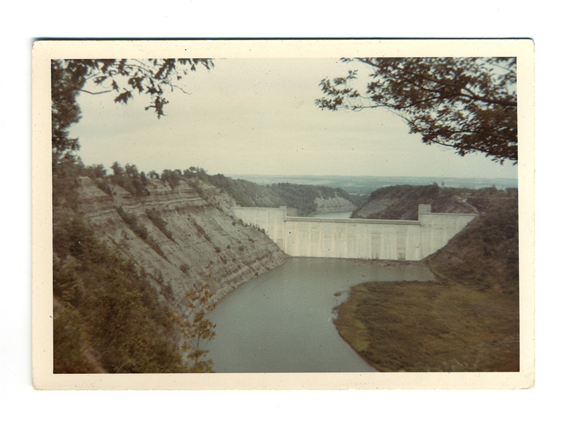 Una toma panorámica que muestra una imponente presa de concreto de tipo gravedad situada en el fondo de un cañón profundo con laderas de roca sedimentaria. El paisaje circundante es boscoso bajo un cielo nublado, con el embalse extendiéndose en el primer plano. La imagen documenta una obra de ingeniería hidráulica de gran escala capturada desde un mirador elevado.